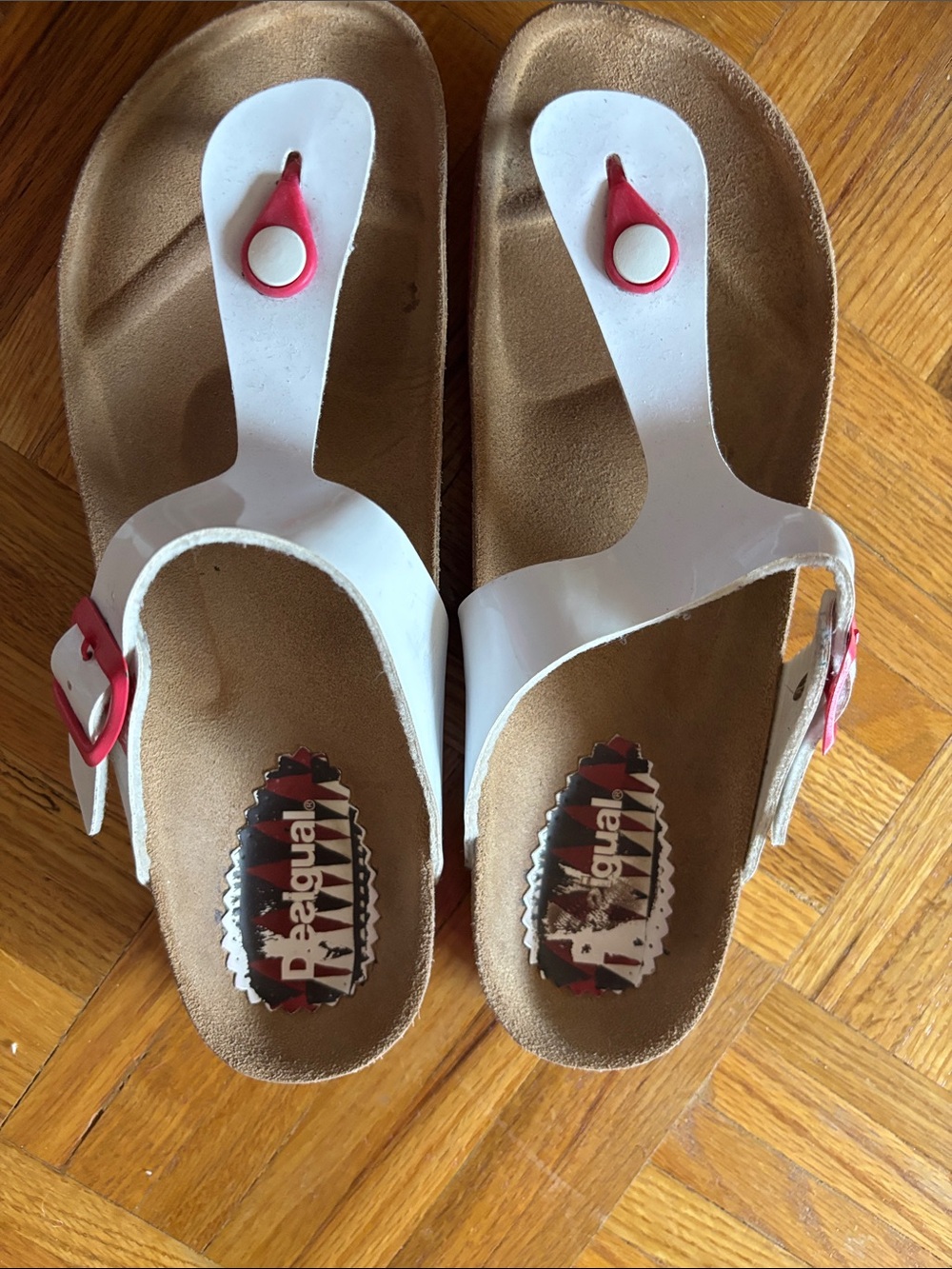 51. Desigual White and Red Buckle Thong Sandals - Picture 4 of 7